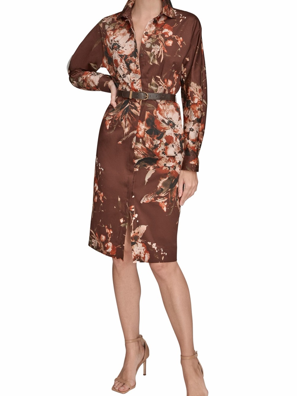 NWT Donna Karan Brown Floral Long-Sleeve Shirt Dress Size 2